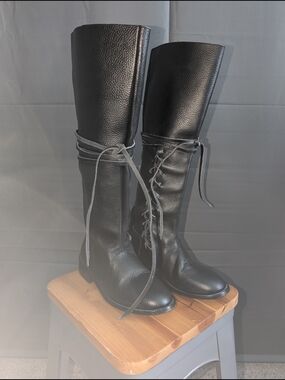 Classic Genuine Leather Black Knee-High Lace-Up Boots